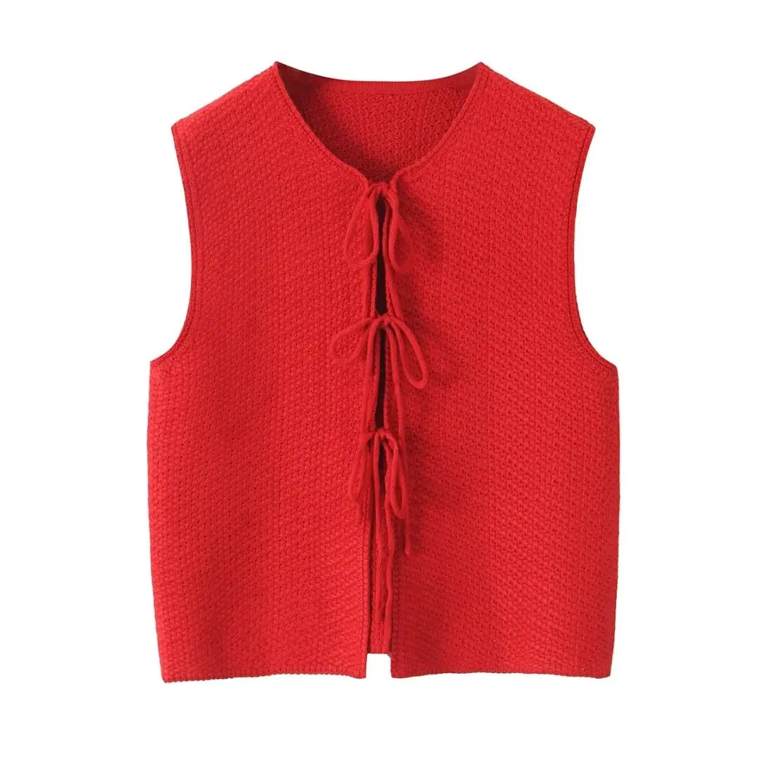 TRAFZA Casual Red Knitted Bow Vest Women O Neck Sleeveless Sweater Cardigans Fashion 2024 Autumn Winter Elegant Women Waistcoats