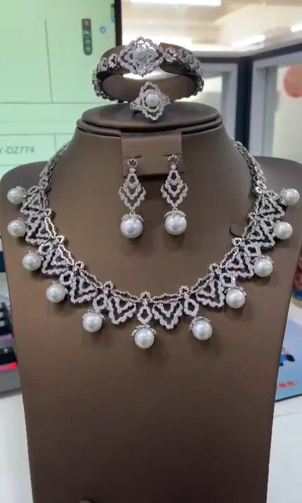 2025 Luxury Dubai Gold Plated Pearls 4pcs Necklace and Earring Set Cubic Zirconia Jewelry for Women Bridal Wedding Party Gifts