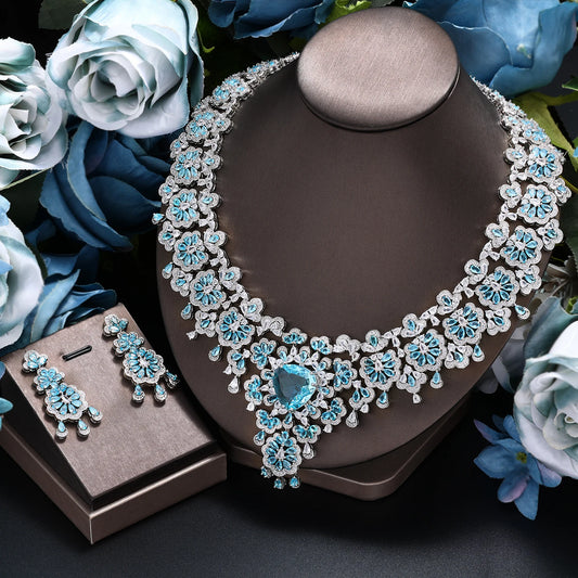 Blue Crystal 2 Pieces Super Luxury Cubic Zirconia Wedding Party Jewelry Set