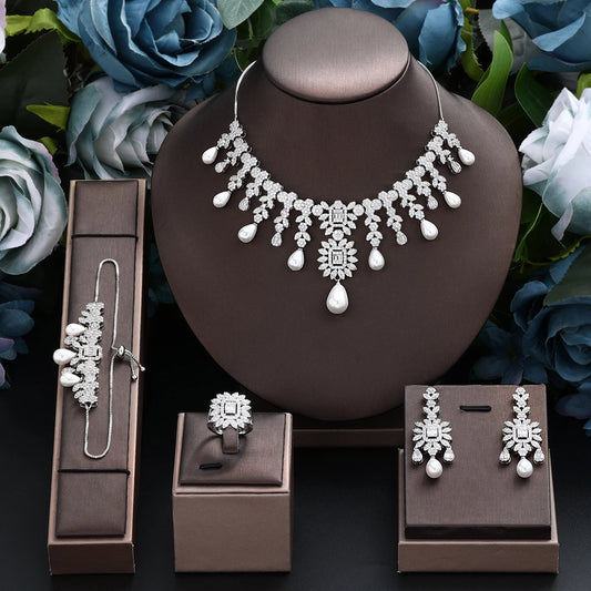 Elegant Pearls CZ Zirconia 4 Pcs Adjustable Bridal Jewelry Set For Women