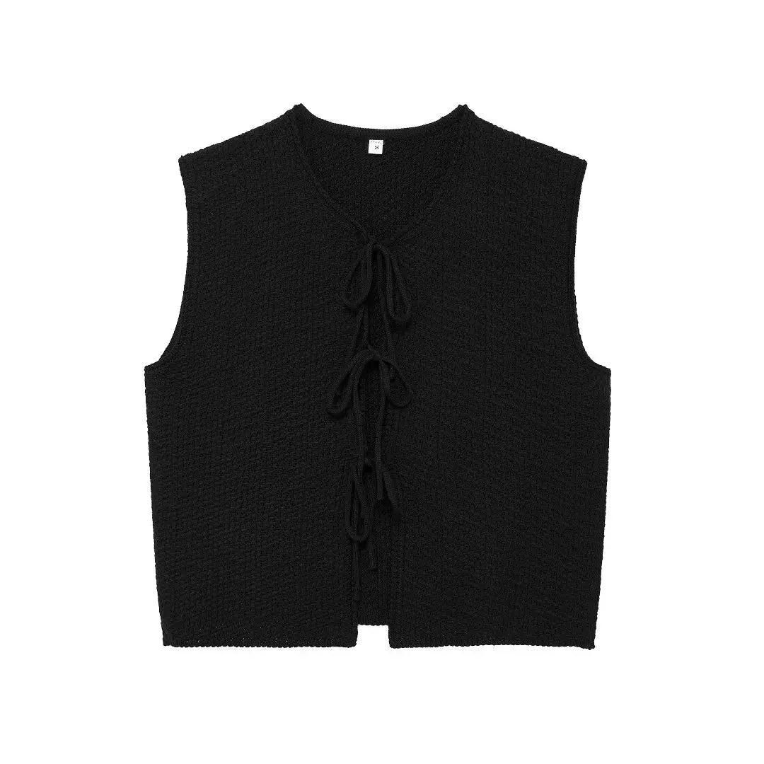 TRAFZA Casual Red Knitted Bow Vest Women O Neck Sleeveless Sweater Cardigans Fashion 2024 Autumn Winter Elegant Women Waistcoats