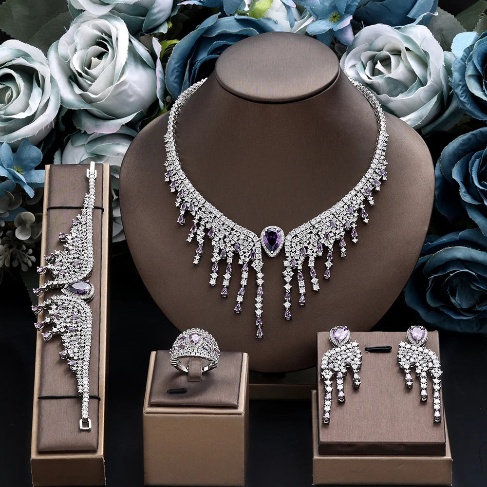 Dubai Luxury 4 Piece Zirconia  Luxury CZ Crystal Wedding Jewelry Set