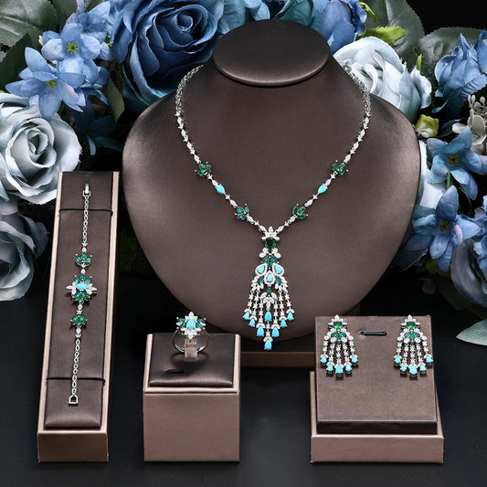 2025 New Exquisite Turquoise Dubai Jewelry 4Pcs Sets for Bridal Wedding Party