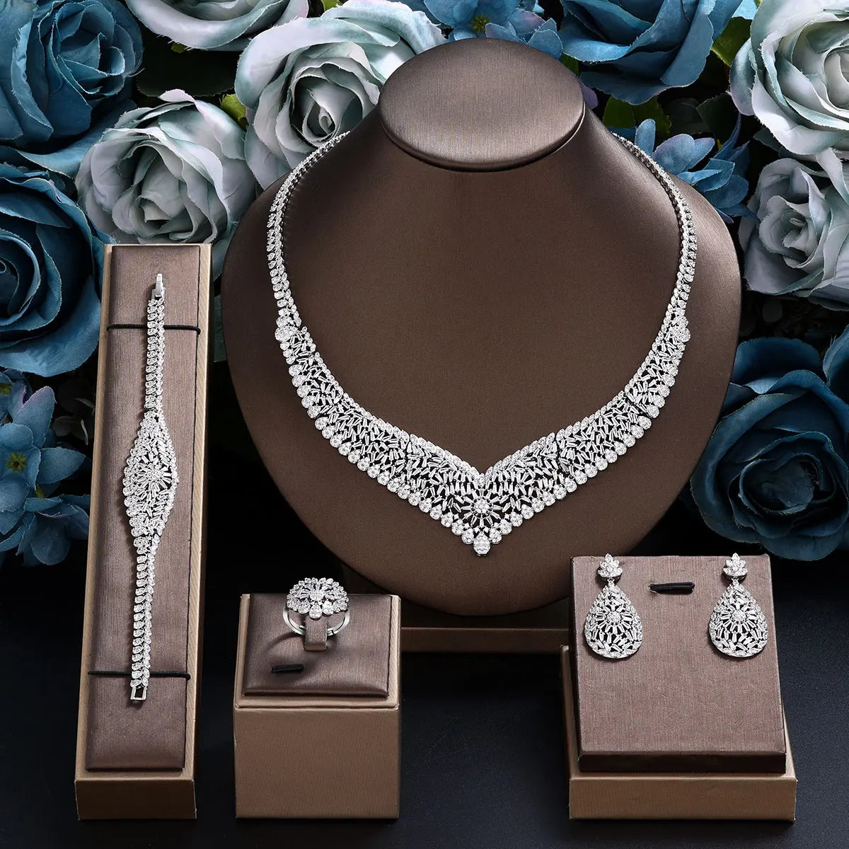 Luxury 4-piece bride zirconia full set of women's party jewelry Set