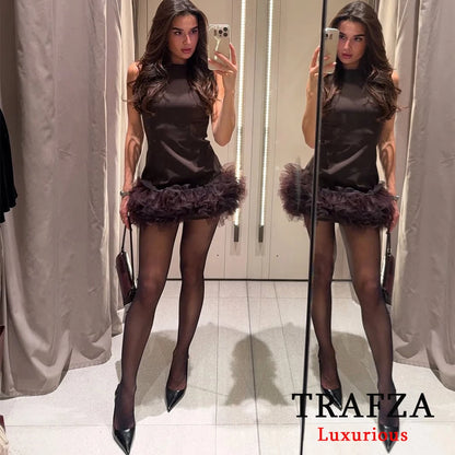 TRAFZA Sexy Solid Brown Mini Sheath Party Dress Women O Neck Sleeveless Mesh Slim Dress Fashion 2025 Evening Club Elegant Dress