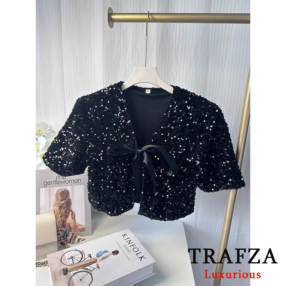 TRAFZA Sexy Chic Women Party Jackets Solid Sequin Long Sleeve V-Neck Bow Short Coat Fashion 2025 Spring Summer Shiny Outwears