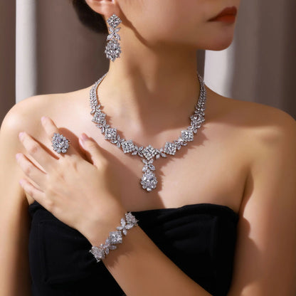 Cubic zirconia  flower necklace earrings crystal luxury jewelry set