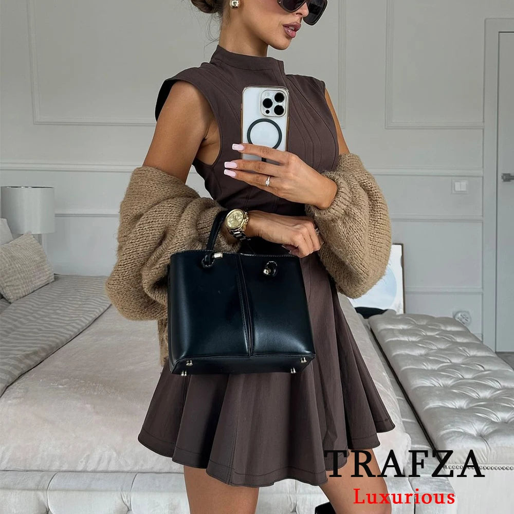 TRAFZA Sexy Ruffles Mini Party Dress Women Sleeveless A-Line Chic Evening Club Dress Fashion 2024 Y2K Girl Street Vestidos