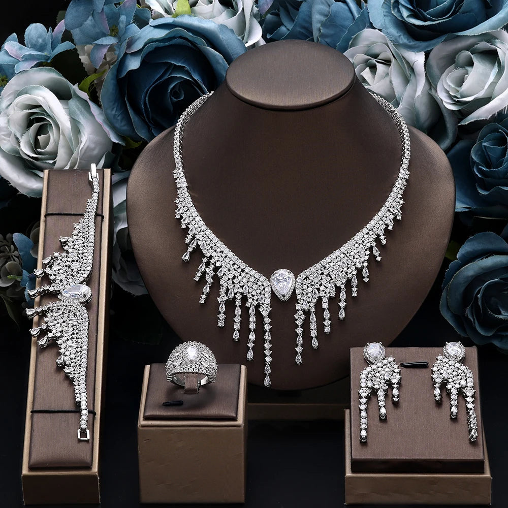 Dubai Luxury 4 Piece Zirconia  Luxury CZ Crystal Wedding Jewelry Set