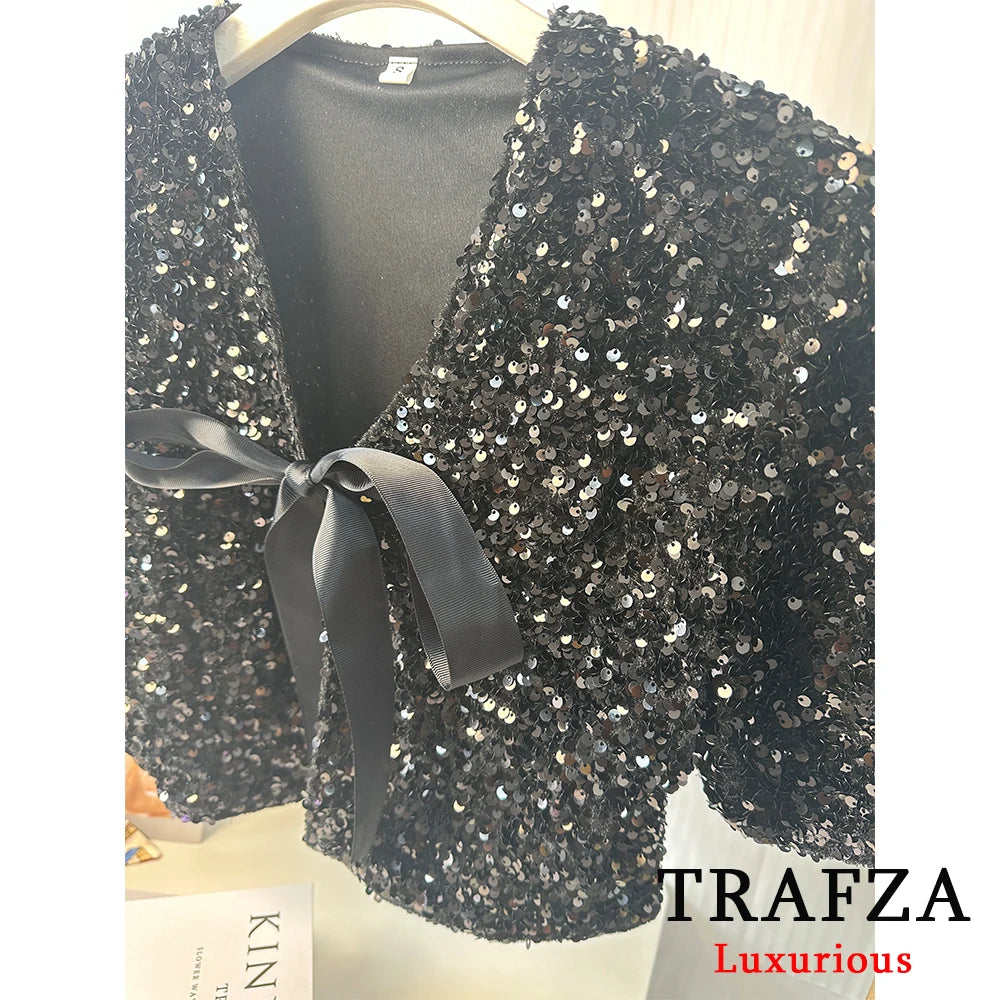 TRAFZA Sexy Chic Women Party Jackets Solid Sequin Long Sleeve V-Neck Bow Short Coat Fashion 2025 Spring Summer Shiny Outwears