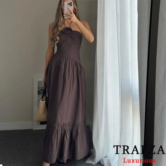 TRAFZA Vintage Casual Chic Solid Women Dress Flower Halter Beach Long Dress Fashion 2024 Autumn Chic Boho Party Female Dress