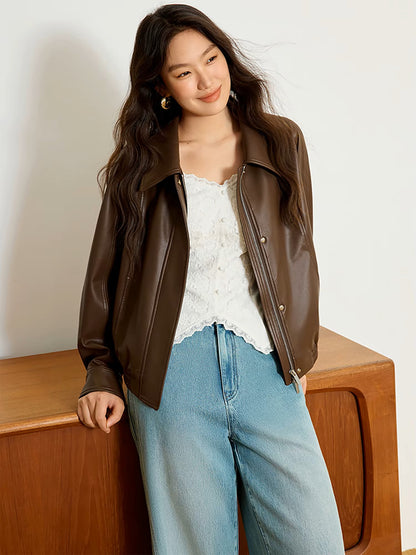 Lady Women's Retro Loose Leather Jacket 2025 Spring New Fashion Jacket Casual Loose Women Jacket 25DS81146