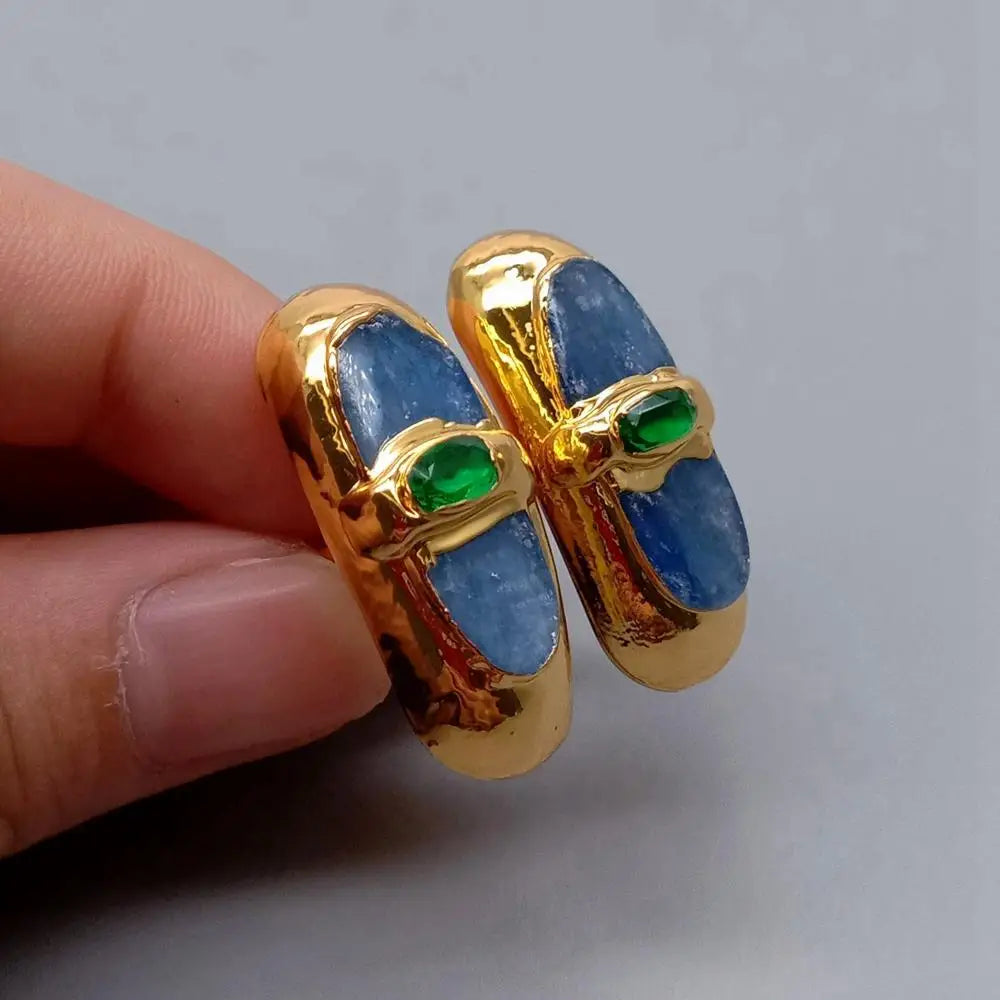 Natural Blue Kyanite Green Crystal Gold Plated Ring Adjustable