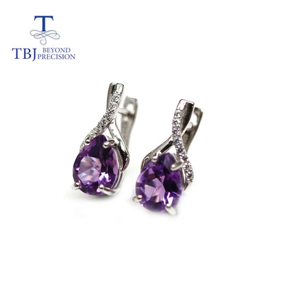 TBJ,Natural Brazil amethyst clasp earring ,4ct up  pear 7*9mm real gemstone jewelry 925 sterling silver for women daily wear