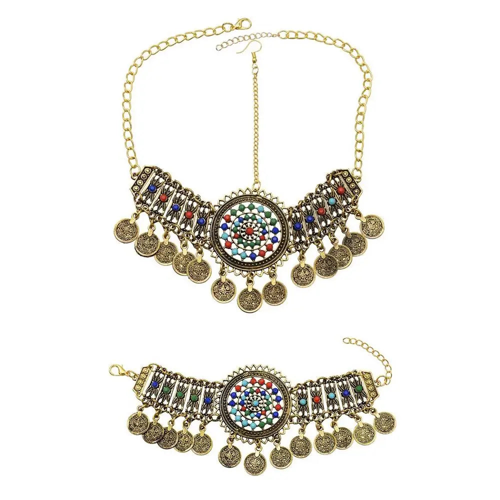 Gypsy Gold Color Coin Bracelet Choker Necklace Drop Earrings For Women Pakistan Ethnic Body Chain Afghan Dress India Jewelry Set