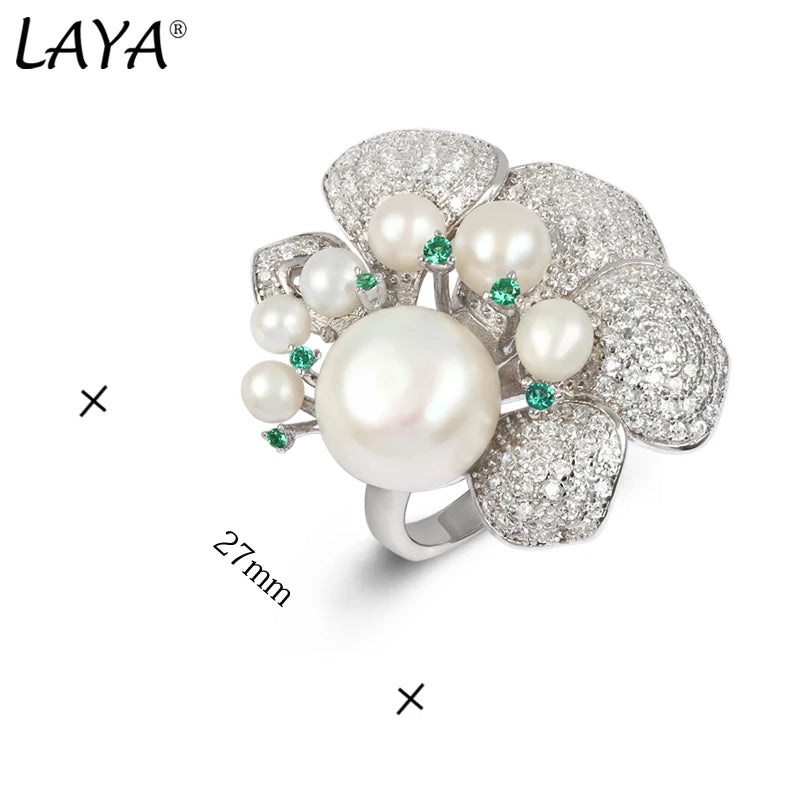 LAYA 925 Sterling Silver Original Unique Design Shining Zircon Green Nano Natural Pearl Ring For Women Luxury Wedding Jewelry