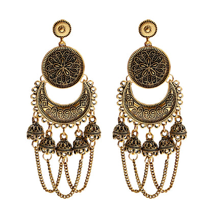 2024 Retro Indian Jhumka Jhumki Gypsy Ethnic Gold Alloy Carved Round&Crescent Bell Tassel Drop Earrings for Women Boho Jewelry