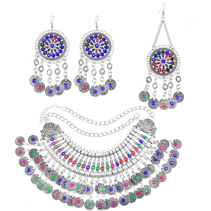 Color Crystal Coin Tassel Choker Necklace Earrings For Women Turkish Afghan Dress Indian Clothes Traditional Ethnic Jewelry Set