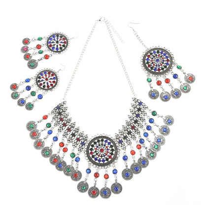 Gypsy Turkish Tribal Colorful Rhinestone Coins Necklace Earrings for Women Boho Pakistan Afghan Dress Clothes India Jewelry Sets