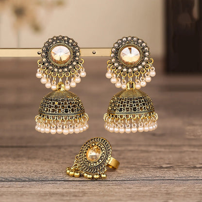 Afghan Gold Silver Color Alloy Big Earrings for Women Crystal Pearls Beads Earrings & Rings Sets Adjustable Indian Party Jewelry