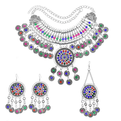 Color Crystal Coin Tassel Choker Necklace Earrings For Women Turkish Afghan Dress Indian Clothes Traditional Ethnic Jewelry Set