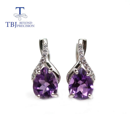 TBJ,Natural Brazil amethyst clasp earring ,4ct up  pear 7*9mm real gemstone jewelry 925 sterling silver for women daily wear