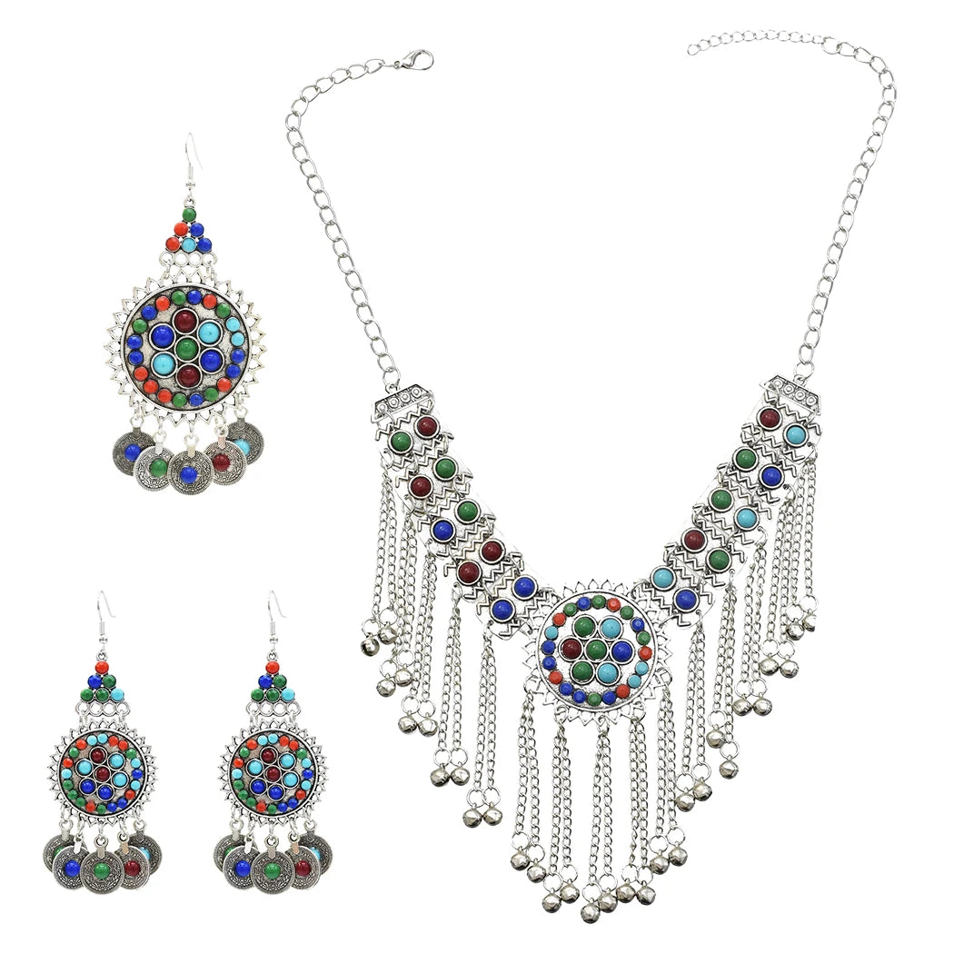 Color Crystal Coin Tassel Choker Necklace Earrings For Women Turkish Afghan Dress Indian Clothes Traditional Ethnic Jewelry Set