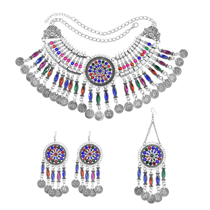 Colorful Crystal Bead Coin Ethnic Choker Necklace Drop Earrings Set For Women Retro Gypsy Afghan Traditional Dress Jewelry Sets