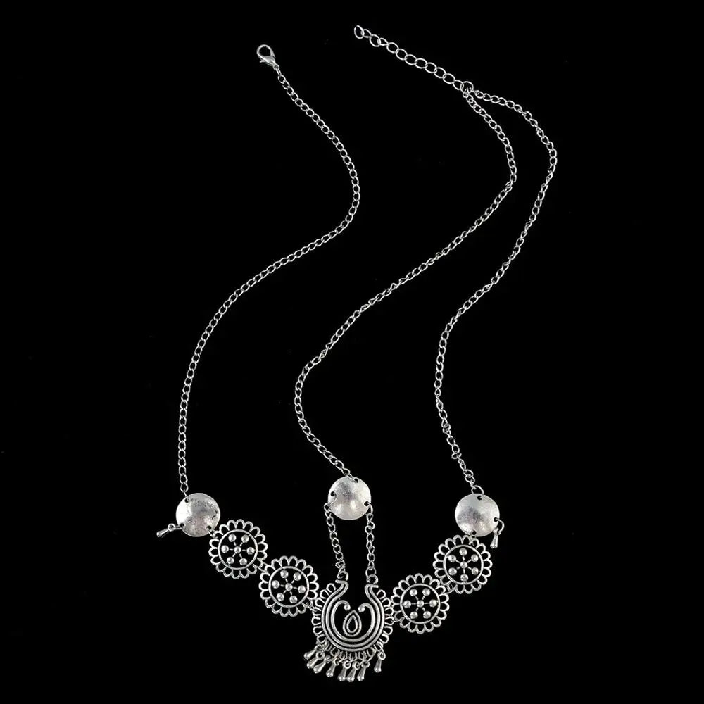 Boho Retro Silver Color Hollow Flower Coin Big Pendant Choker Necklace Earrings Hairband Set Indian Afghan Gypsy Ethnic Jewelry