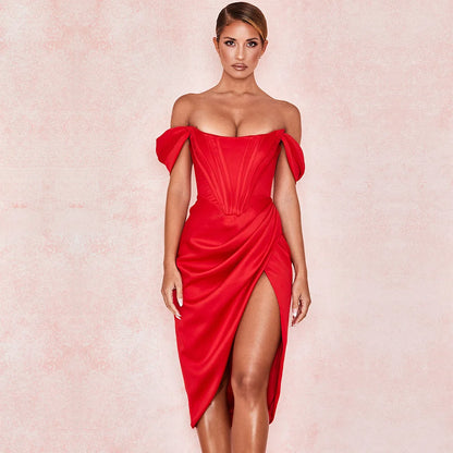 Eyellcart Draped Satin Corset Dresses Bodycon Party Night Club Off Shoulder Gown Elegant Backless Sexy Dress Birthday