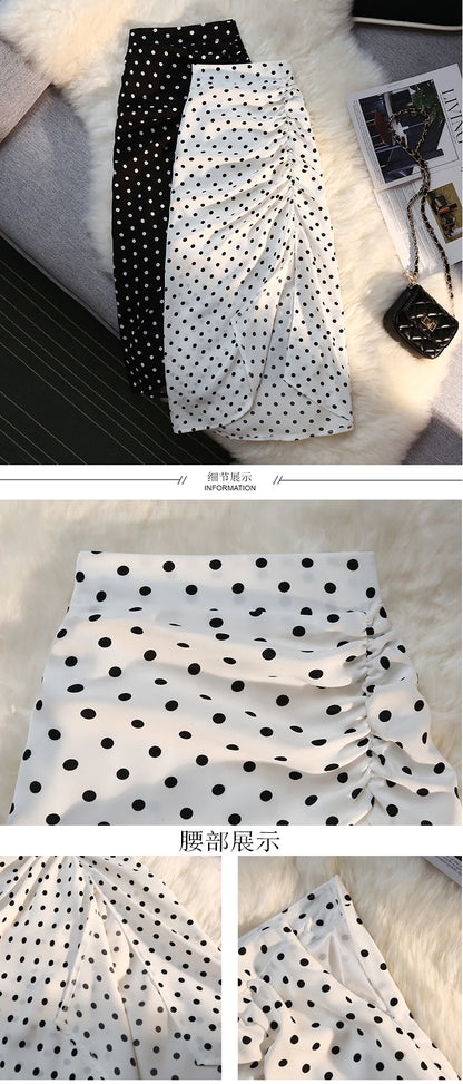 Autumn winter long skirts women elastic high waist drawstring split polka dot skirt ladies fashion Shirring bodycon pencil skirt