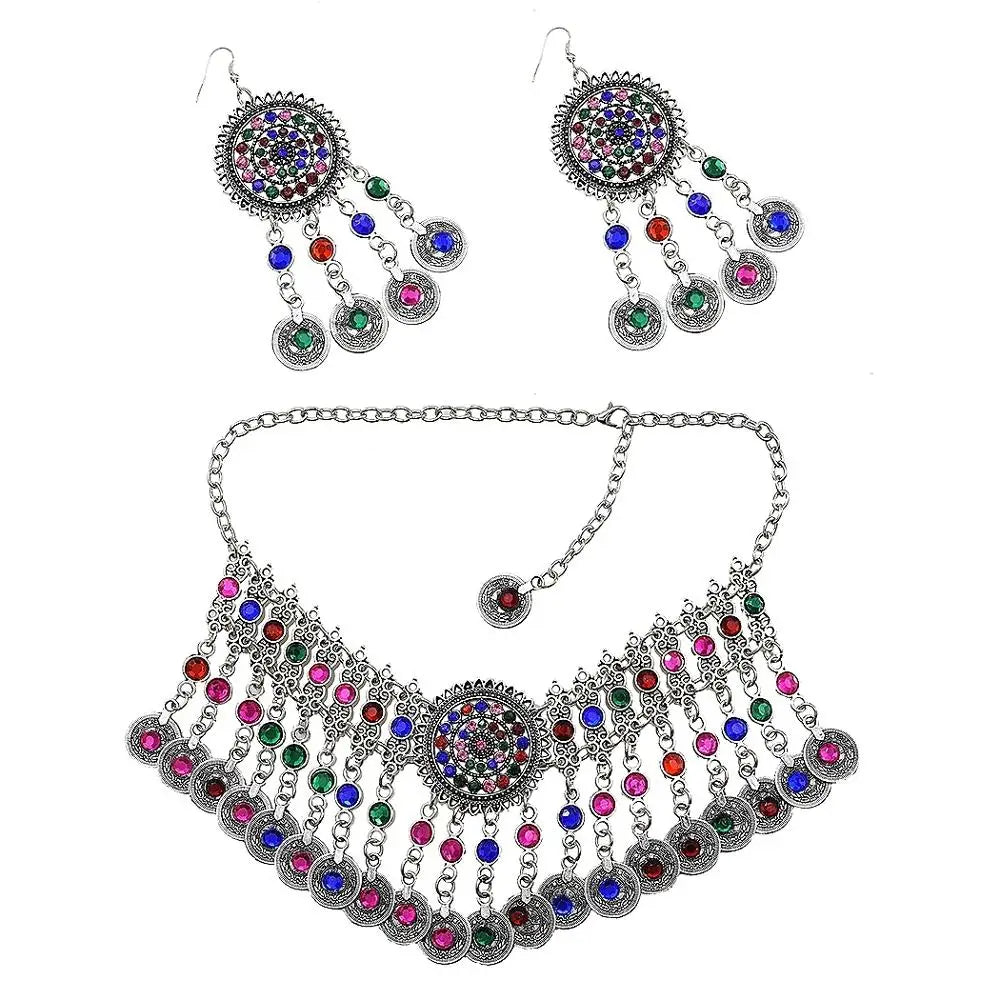 Gypsy Turkish Tribal Colorful Rhinestone Coins Necklace Earrings for Women Boho Pakistan Afghan Dress Clothes India Jewelry Sets