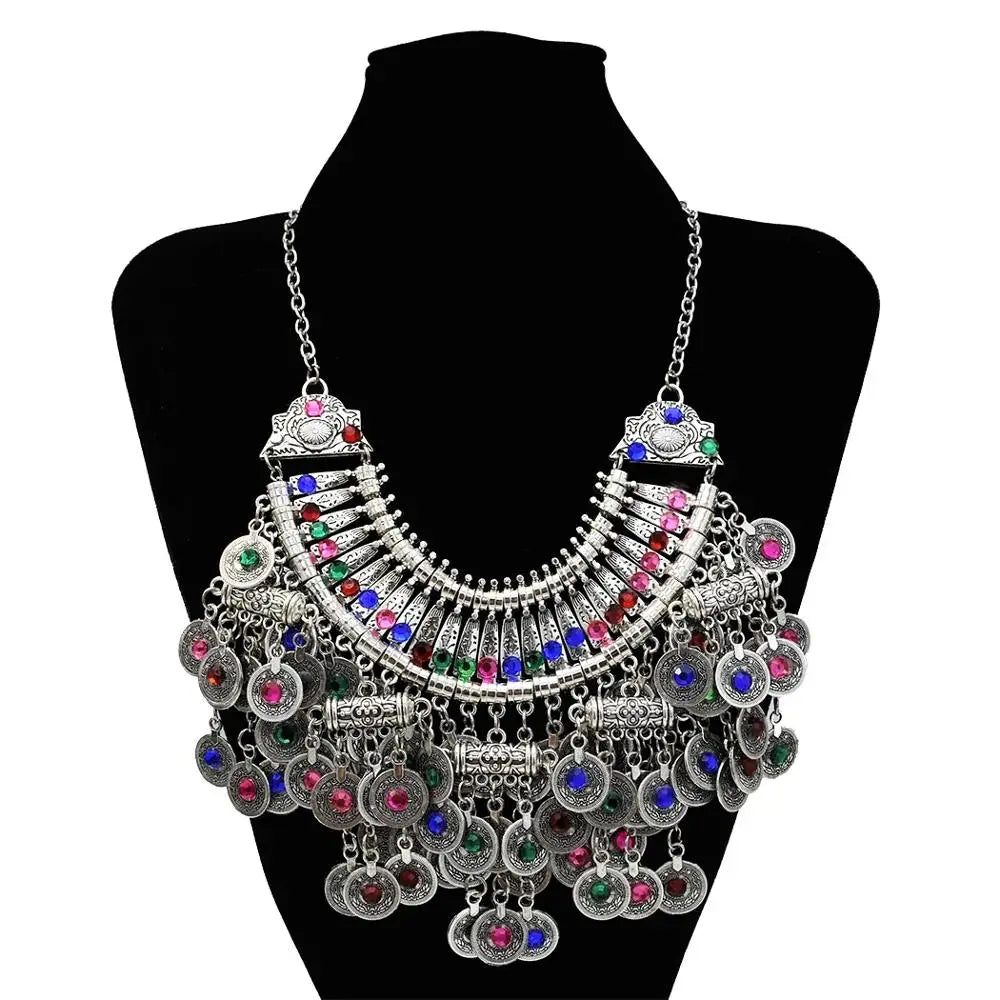 Color Crystal Coin Tassel Choker Necklace Earrings For Women Turkish Afghan Dress Indian Clothes Traditional Ethnic Jewelry Set