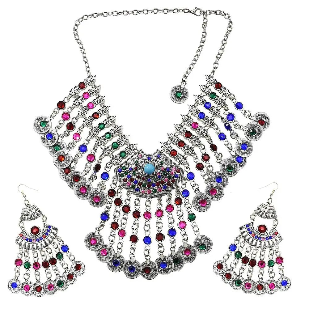 Gypsy Turkish Tribal Colorful Rhinestone Coins Necklace Earrings for Women Boho Pakistan Afghan Dress Clothes India Jewelry Sets