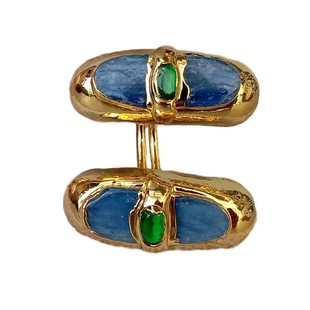 Natural Blue Kyanite Green Crystal Gold Plated Ring Adjustable