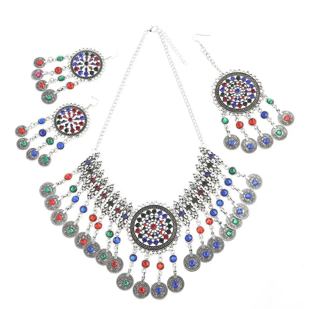 Color Crystal Coin Tassel Choker Necklace Earrings For Women Turkish Afghan Dress Indian Clothes Traditional Ethnic Jewelry Set