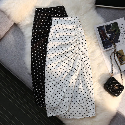 Autumn winter long skirts women elastic high waist drawstring split polka dot skirt ladies fashion Shirring bodycon pencil skirt