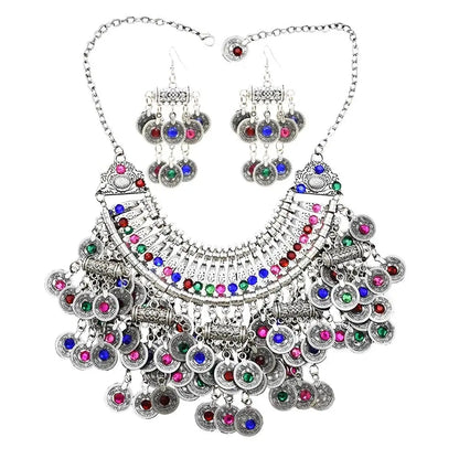 Gypsy Turkish Tribal Colorful Rhinestone Coins Necklace Earrings for Women Boho Pakistan Afghan Dress Clothes India Jewelry Sets