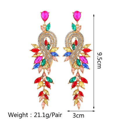 Women Girl Luxury Elegant Metal Hollow Chain Leaves Crystal Brincos Pendant Jewelry Ear Accessories