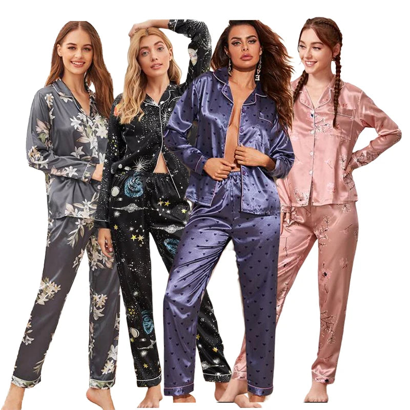 Women Silk Satin Pajamas set Long sleeve Shirt with Trouser Sleepwear Loungewear Female Pajamas Suits