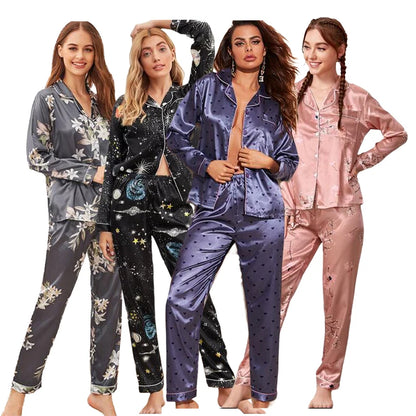 Women Silk Satin Pajamas set Long sleeve Shirt with Trouser Sleepwear Loungewear Female Pajamas Suits