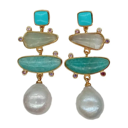 YYGEM Natural geometric Turquoise Amazonite Prehnite  Freshwater White Pearl  Stud Earrings gold Filled office style for women