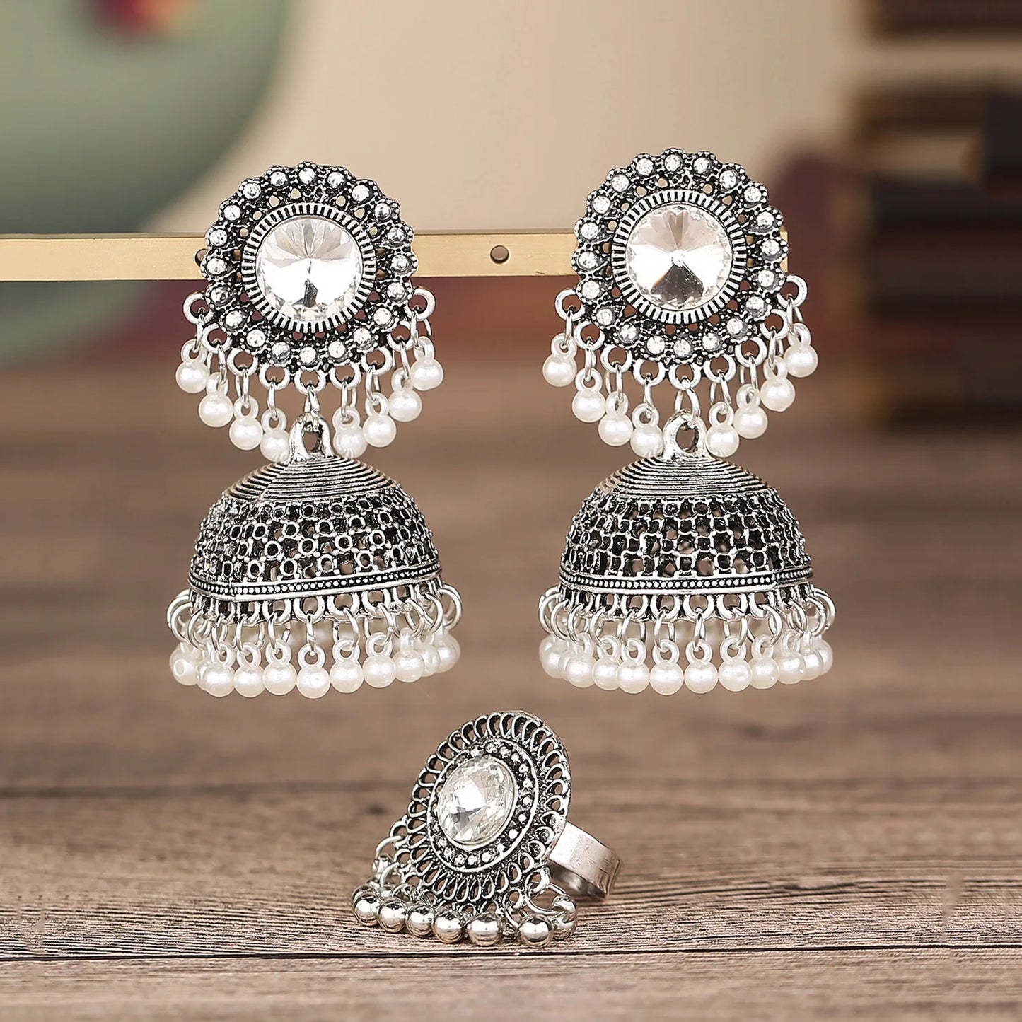 Afghan Gold Silver Color Alloy Big Earrings for Women Crystal Pearls Beads Earrings & Rings Sets Adjustable Indian Party Jewelry