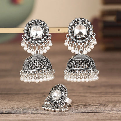 Afghan Gold Silver Color Alloy Big Earrings for Women Crystal Pearls Beads Earrings & Rings Sets Adjustable Indian Party Jewelry