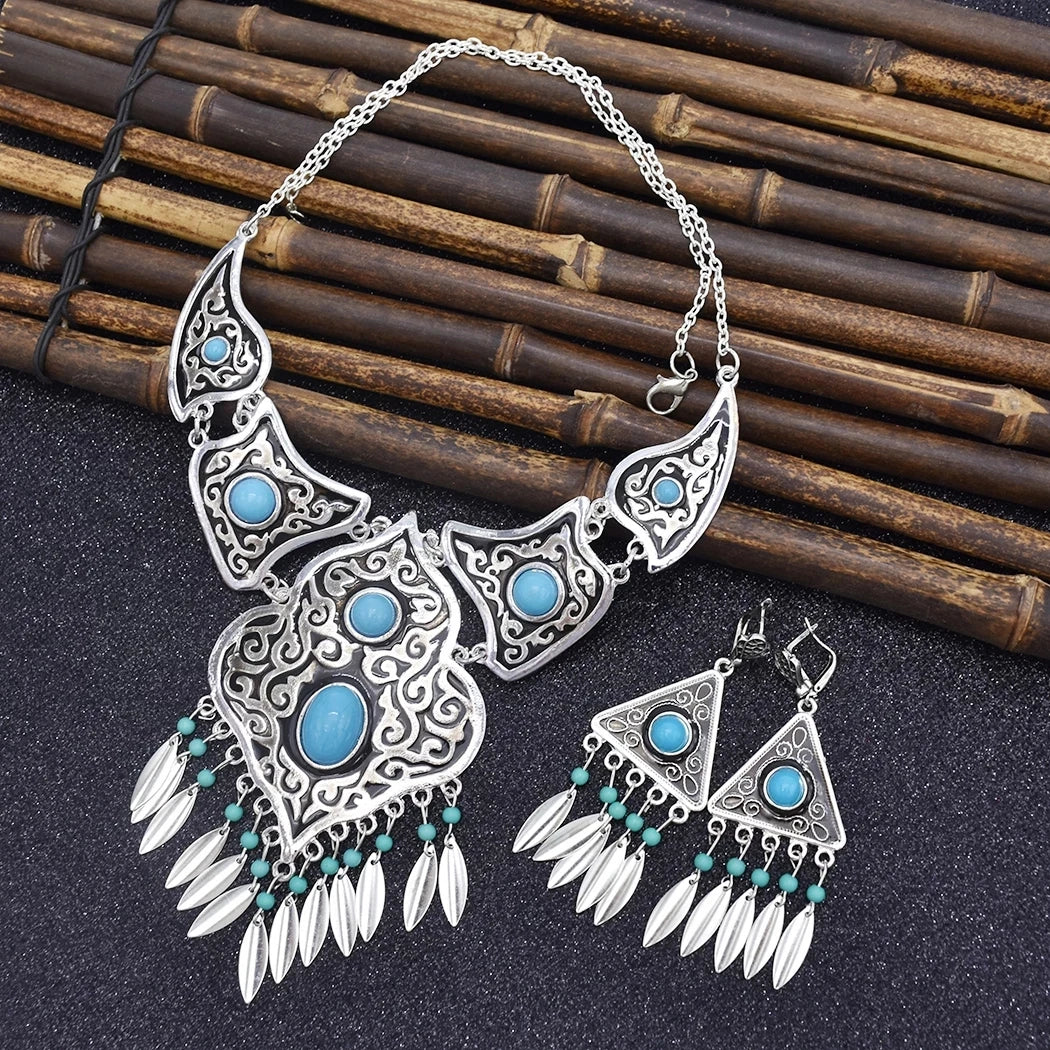 Vintage Turkish Pakistan Ethnic Carved Flower Tassel Necklace Earrings for Women India Afghan Gypsy Neck Chains Jewelry Sets