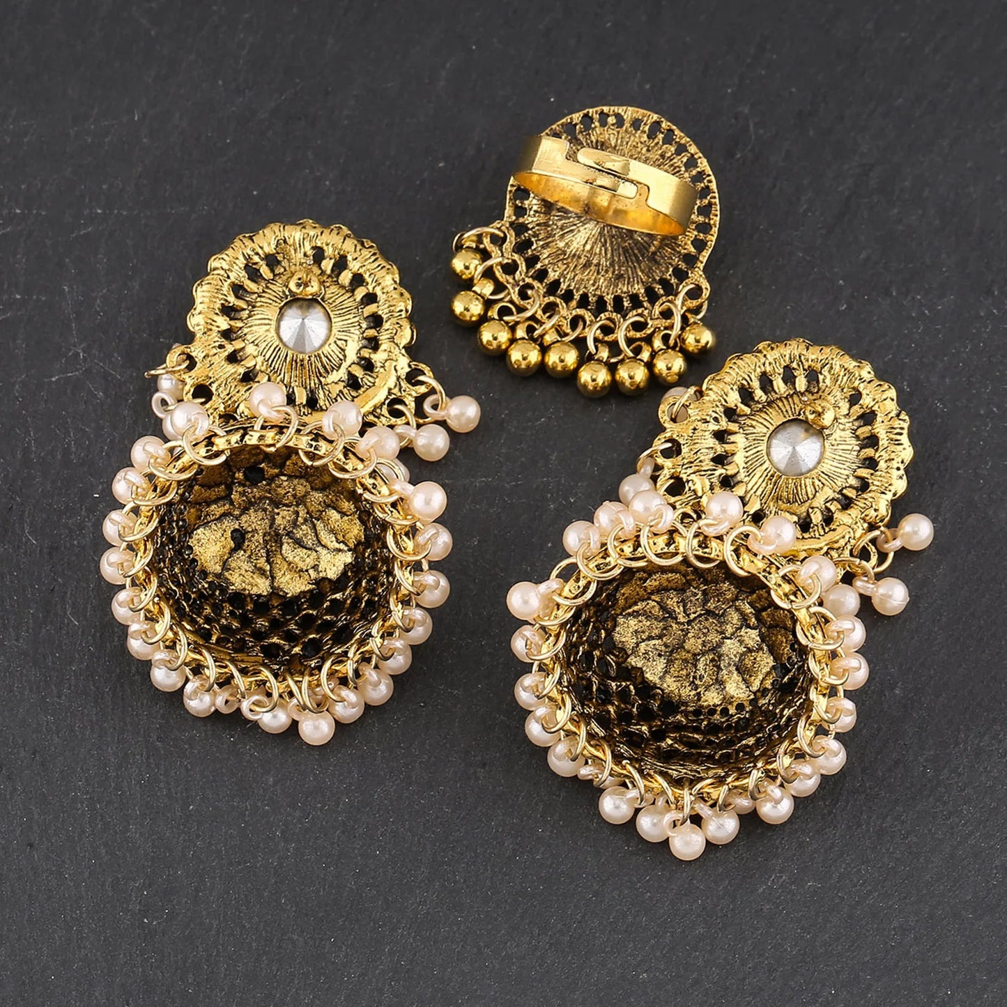 Afghan Gold Silver Color Alloy Big Earrings for Women Crystal Pearls Beads Earrings & Rings Sets Adjustable Indian Party Jewelry