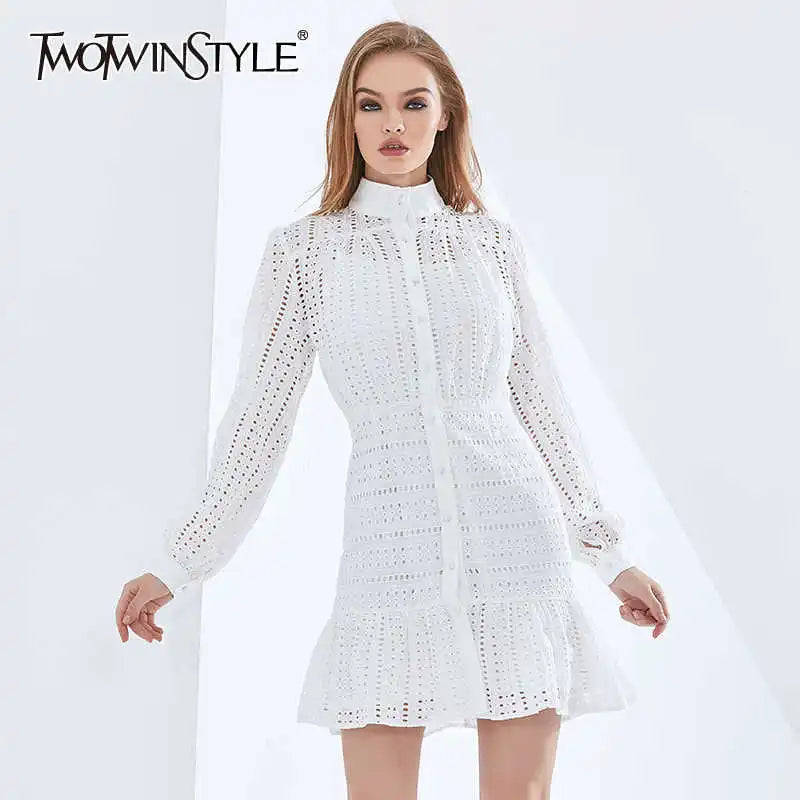 TWOTWINSTYLE Elegant Solid Color Hollow Out Summer Dress For Women Long Sleeve High Waist Dresses Female Womens Clothing 2024