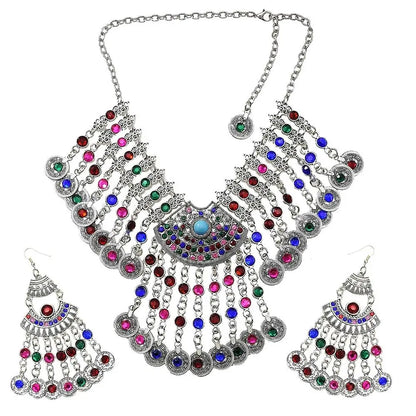 Color Crystal Coin Tassel Choker Necklace Earrings For Women Turkish Afghan Dress Indian Clothes Traditional Ethnic Jewelry Set