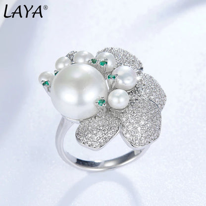 LAYA 925 Sterling Silver Original Unique Design Shining Zircon Green Nano Natural Pearl Ring For Women Luxury Wedding Jewelry