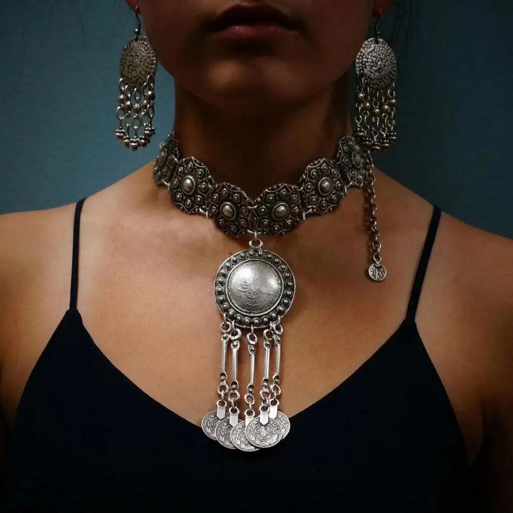 Boho Retro Silver Color Hollow Flower Coin Big Pendant Choker Necklace Earrings Hairband Set Indian Afghan Gypsy Ethnic Jewelry